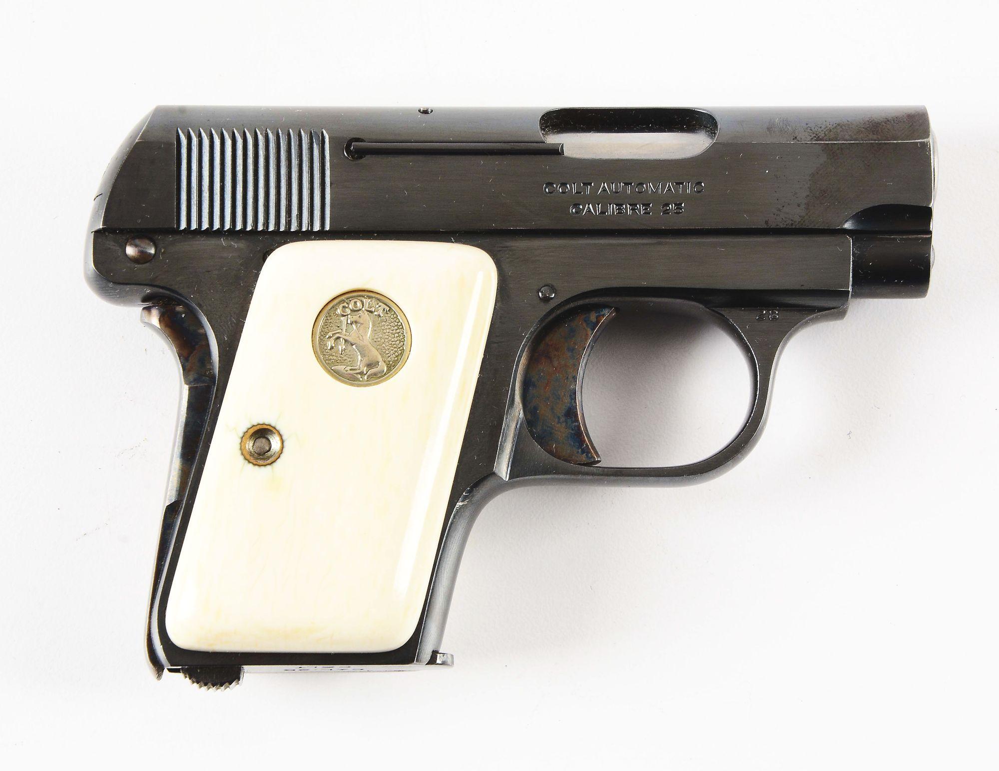 (C) Boxed Colt Model 1908 Semi-Automatic Pocket Pistol with Silver Medallion Ivory Grips (1920).