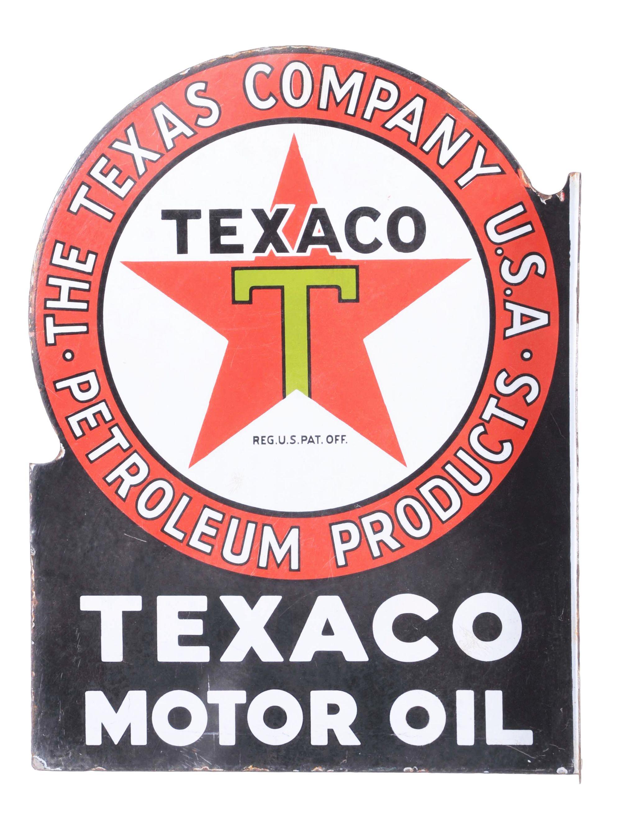Texaco Black T Motor Oil Porcelain Flange Sign.