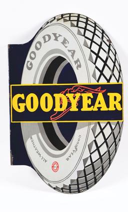 Goodyear Tires Die Cut Porcelain Flange Sign W/ Tire Graphic.