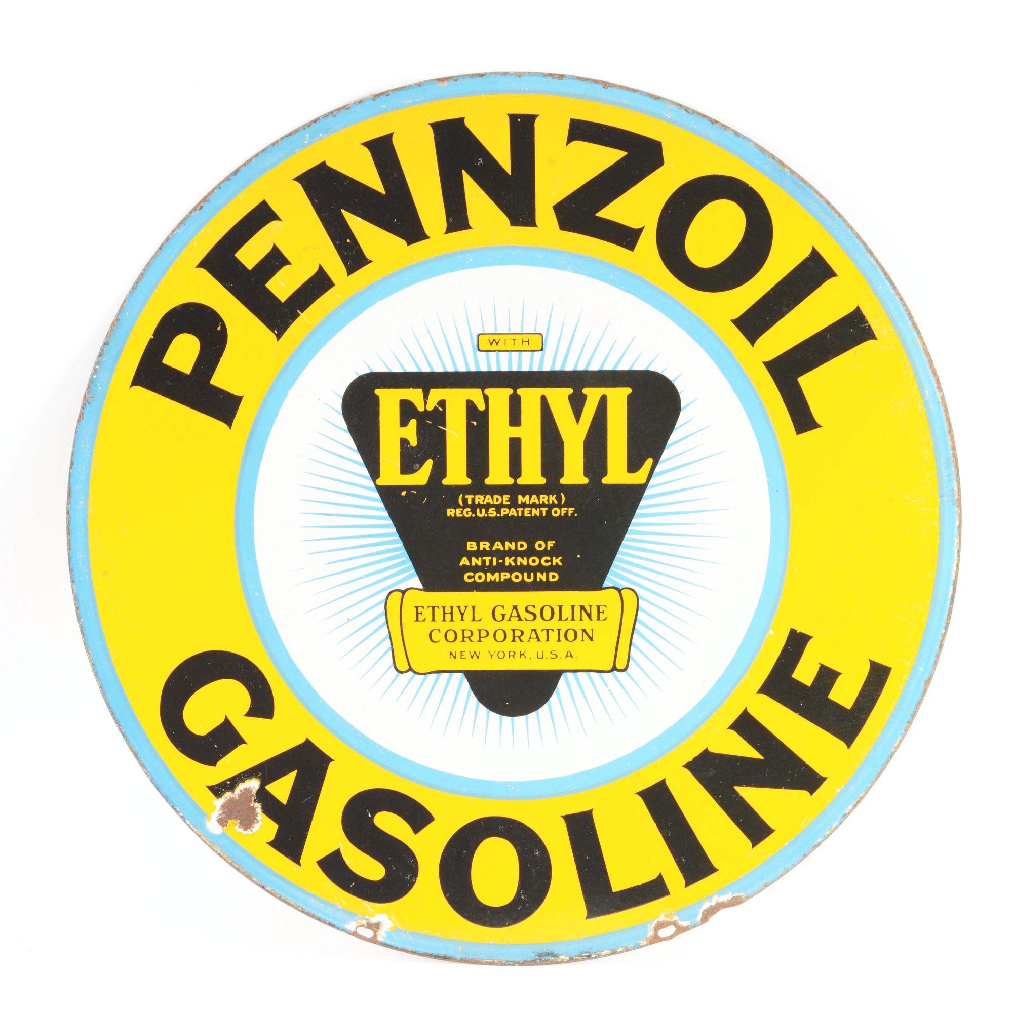 Pennzoil Gasoline Porcelain Curb Sign W/ Ethyl Burst Graphic.