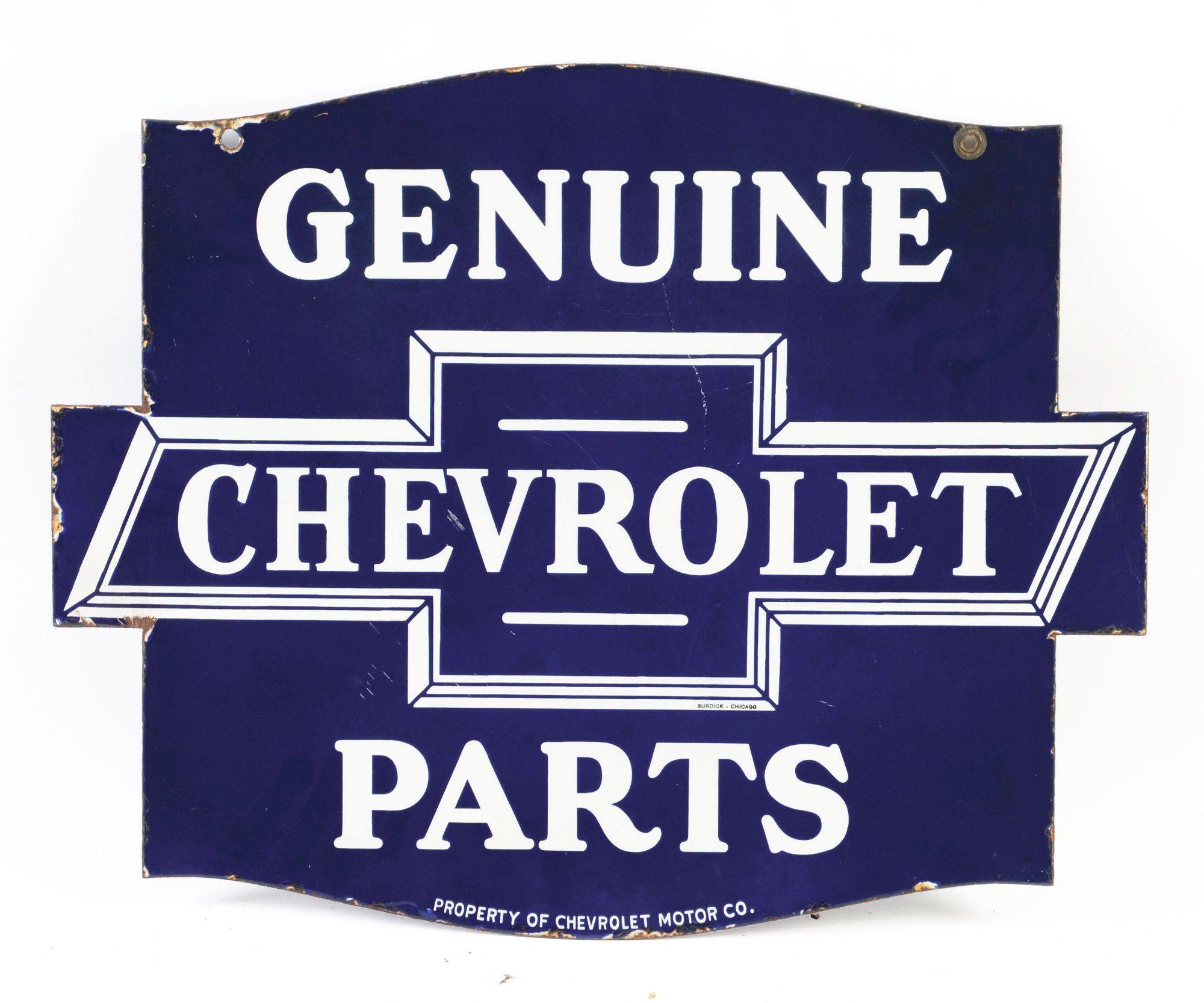 Chevrolet Genuine Parts Die Cut Porcelain Sign W/ Bowtie Graphic.