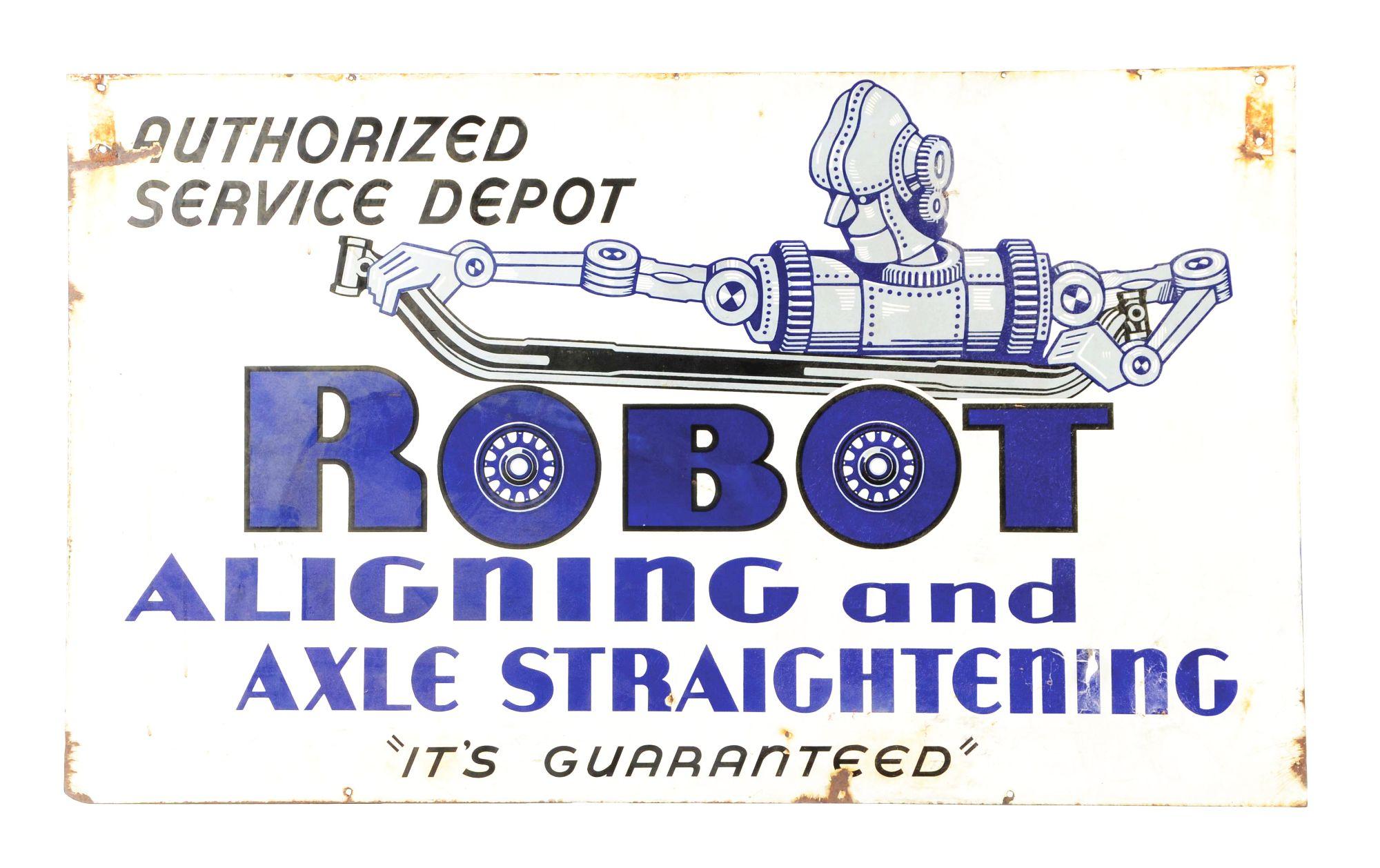 Rare Robot Aligning & Axle Straightening Porcelain Sign W/ Robot Graphic.