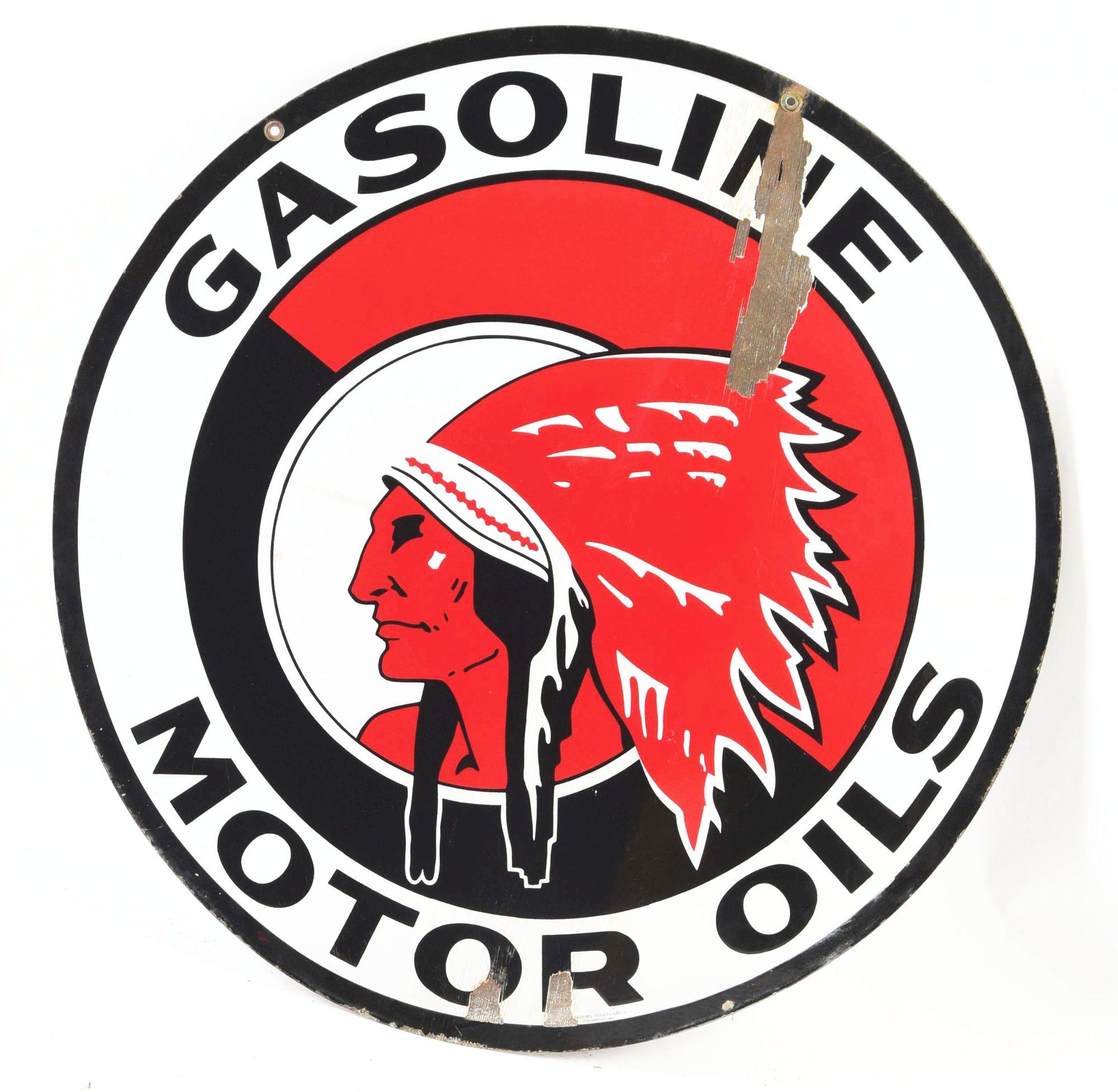 Rare Red Indian Gasoline & Motor Oils Porcelain Service Station Sign.