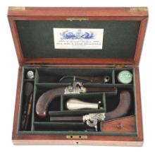 (A) CASED PAIR OF ENGLISH SCREW BARREL PERCUSSION PISTOLS BY EDWARD DODSON.