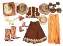LOT OF WESTERN ATTIRE INCLUDING BOOTS AND STETSON HATS.