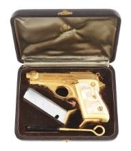 (C) GOLD PLATED AND ENGRAVED BERETTA MODEL 70 SEMI AUTOMATIC PISTOL WITH CASE.