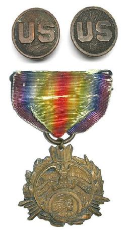 US Military WWI Delaware County, IND Victory Medal and "US" Collar Discs (JEK)