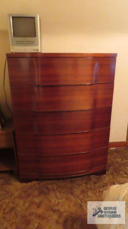 Vintage Full size mahogany bed with chest of drawers, nightstand, vanity and bench