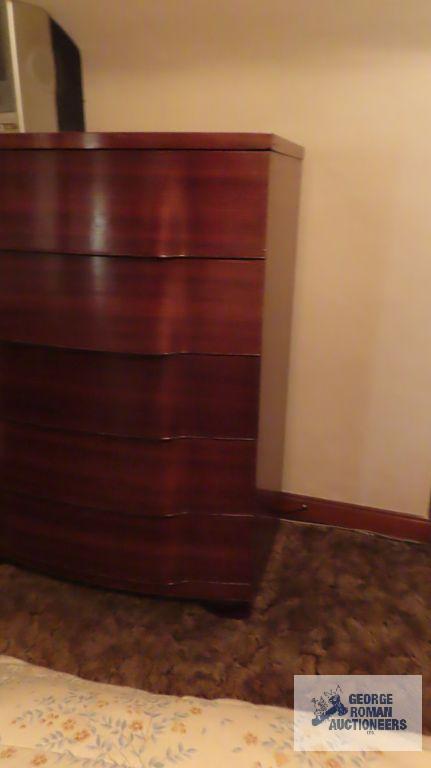 Vintage Full size mahogany bed with chest of drawers, nightstand, vanity and bench