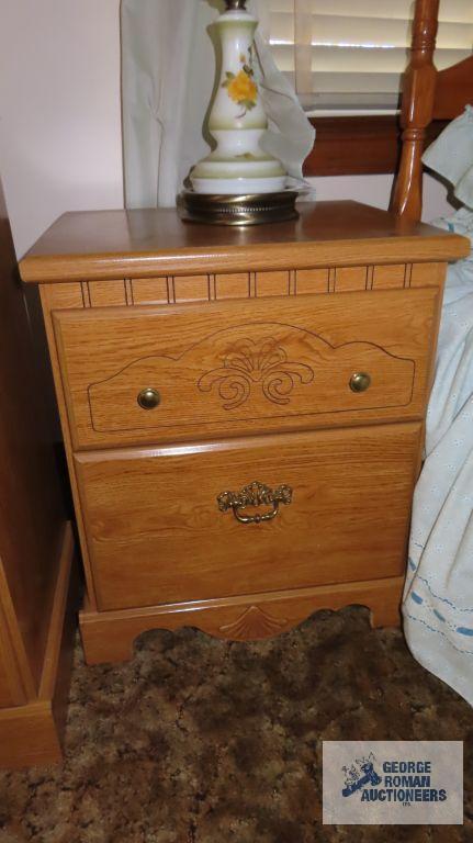 Oak finish full size bed, dresser with...mirror, chest of drawers and nightstand