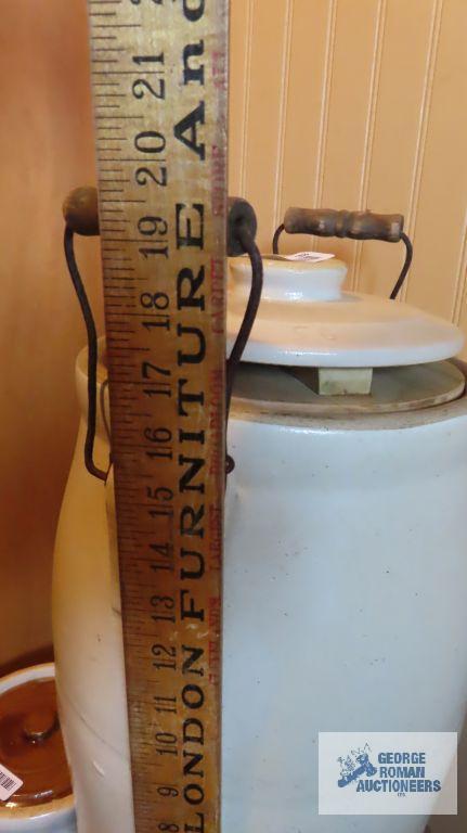 Two handled crock, number 5, extra wooden lid