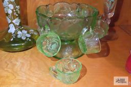 green glassware vases and miniature punch set