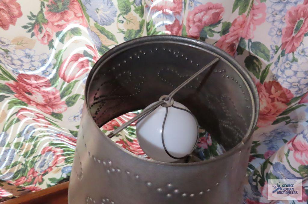 Blue decorative crock jug lamp with punch tin shade