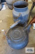 Cast iron teapot and small milk can