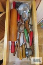 Wooden rolling...pin...and assorted wooden handled utensils