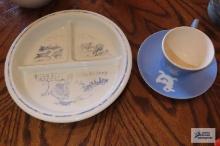 Little Bo Peep divided plate and Harker Pottery Co. Cameo Ware duck motif cup and saucer