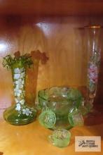 green glassware vases and miniature punch set