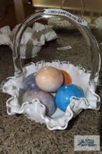 Milk glass fluted basket with marble/alabaster eggs
