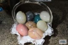 Milk glass fluted basket with marble/alabaster eggs