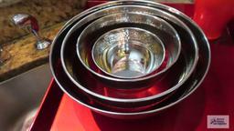 Red shiny tray, planter and red and silver mixing bowl set