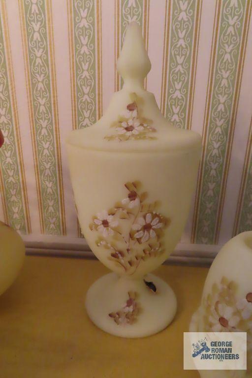 Fenton hand-painted candle holder, birds, and covered compote