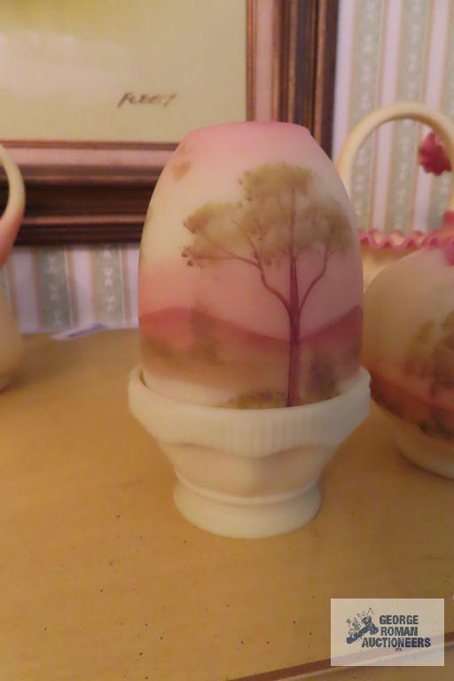 Fenton hand painted candle holder and rose bowl