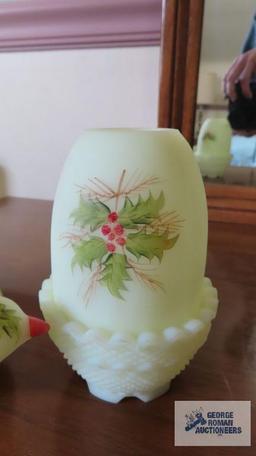 Fenton Christmas hand-painted candle holders and bird
