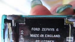 Six cars made in England by Lesney, some missing pieces