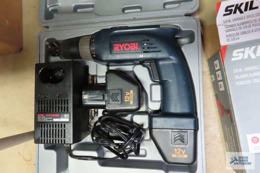 Skil 5.5 amp variable speed drill. Ryobi 12 volt cordless drill. includes two batteries, charger and