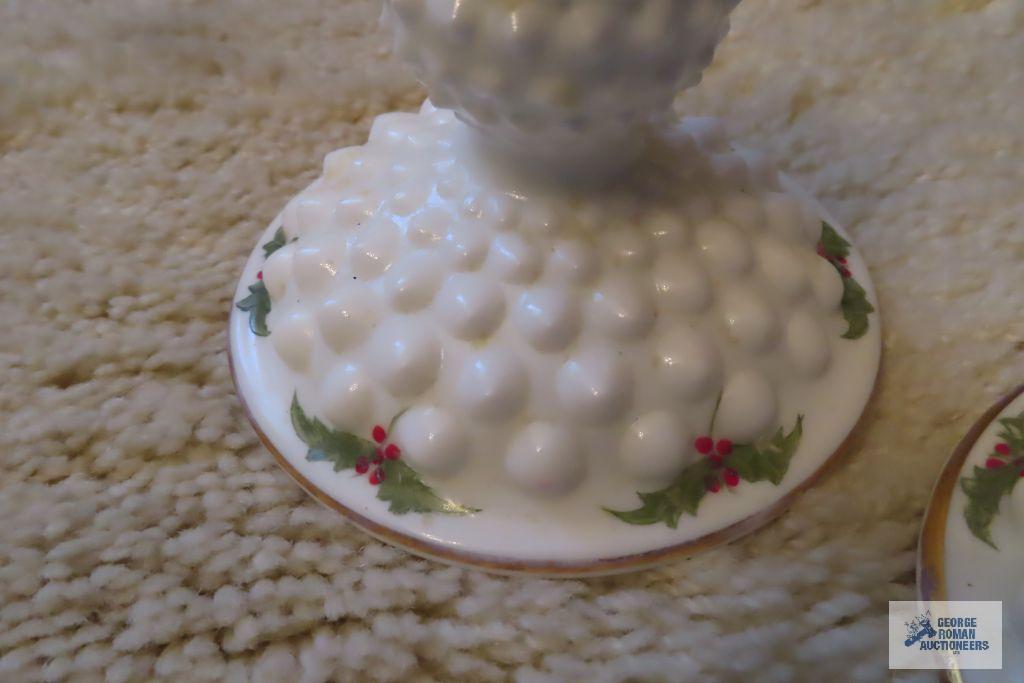 Christmas milk glass bells, candle holders and ashtrays