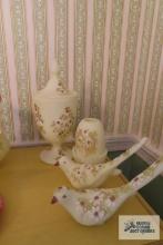 Fenton hand-painted candle holder, birds, and covered compote