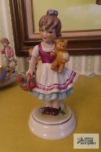 Girl holding teddy bear and basket of flowers figurine, Lore 242, 1968