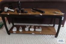 mixed wood sofa table with fruitwood top