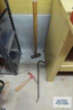 sledgehammer, channel lock specialty hammer and pry bar