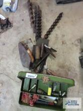 Lot of heavy duty vintage drill bits, concrete tools, tackle box with hardware and etc