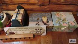 Decorative boxes with yarn, bless this house...wall hanging, small magazine rack with cooking books