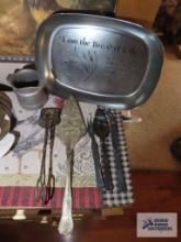 Vintage serving utensils and bread of life metal tray