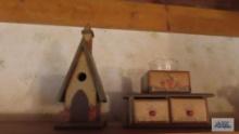 Decorative birdhouse and wooden candle holder