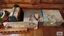 Decorative boxes with yarn, bless this house...wall hanging, small magazine rack with cooking books