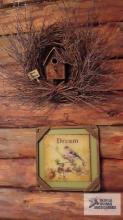 Decorative birdhouse wreath and dream wall hanging