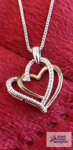 Two tone heart-shaped pendant, marked 925, on silver colored box chain, marked 925, total