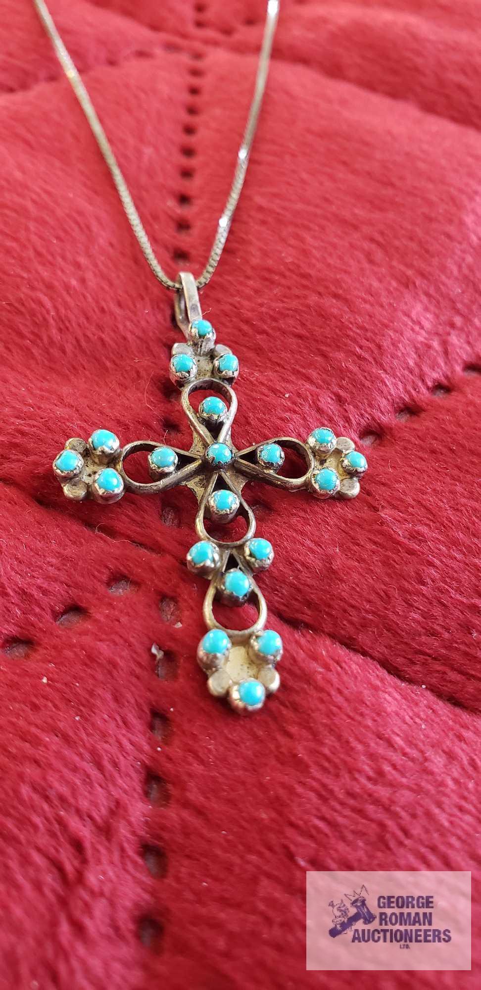 Silver color and turquoise-like cross pendant on silver color box chain, marked 925, approximate