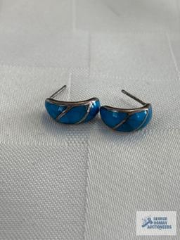 Silver colored earrings with turquoise stone inlaid, marked 925