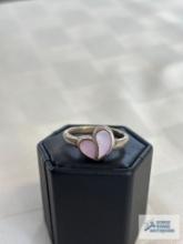 Silver colored heart-shaped ring with pale pink stones, marked 925, approximate total weight is 4.04