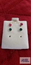 Pair of pink and pair of green gemstone earrings, marked 10K, approximate total weight .64 G