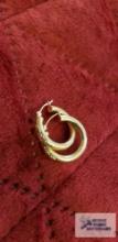 Gold colored hoop earrings with green and pink leaves, marked 10K, approximate total weight is 1.26