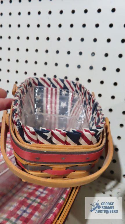 Longaberger 1996 and 1998 red and blue striped baskets and 1998 bee basket