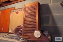 wooden mantle clock, wooden shutters and etc