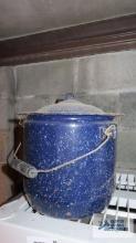 vintage enamelware chamber pot with lid and wood handle, blue