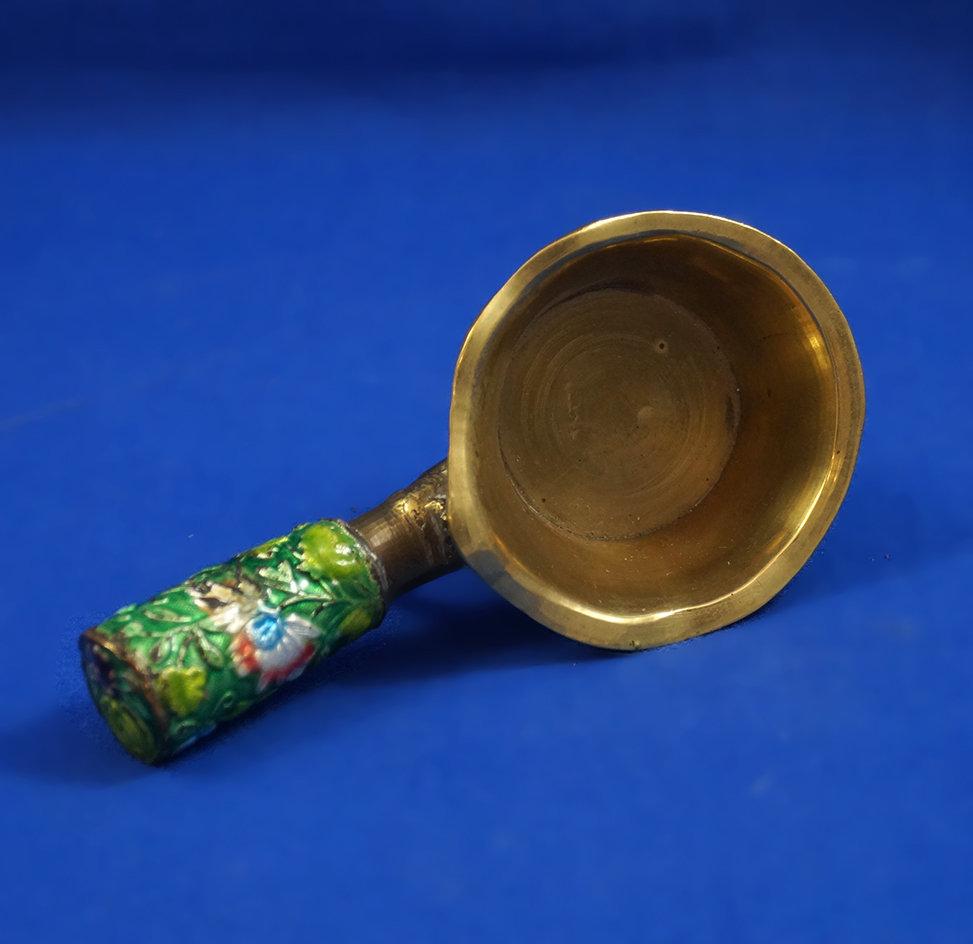 Oriental pan iron, brass, painted picture on handle, intricate design on base, 4 7/8"" long